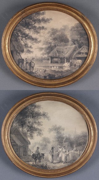 Nicholas Pocock (1740-1821), Rustic Scenes with Figures and Animals, a pair of oval monochrome watercolours, both signed and dated 1789 recto, labels verso, each 24cm x 28cm, both within gilt composition frames.	