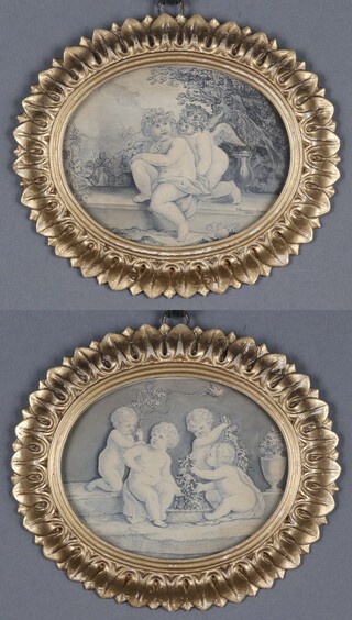 J. Burnham, Studies of Putti, a pair of oval pen with ink and watercolour drawings, both signed and dated 1824, 11cm x 13cm, within gilt composition frames.	