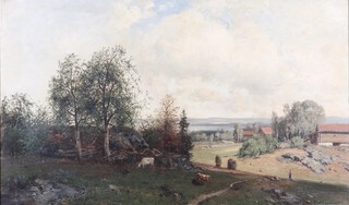 Christian Delphin Wexelsen (1830-1883), Landscape with Cattle and Farm Buildings, probably Norway, oil on canvas, signed and dated 1879, 61cm x 103cm, within a gilt composition frame.