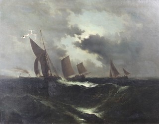 British School, Sailing Vessels in Rough Seas, 19th century oil on canvas, signed with initials â€˜E.E.K.â€™ or â€˜E.E.Râ€™, 96cm x 124cm, within a gilt composition frame.
