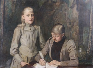 Continental School, Portrait of Two Young Women in an Interior Setting, late 19th century oil on canvas, 78cm x 108cm, within a gilt composition frame.