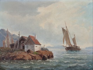Edvard Skari (1839-1903), Sailing Vessel off a Coast, 19th century oil on board, signed and dated '73, 18cm x 24cm, within a gilt composition frame.