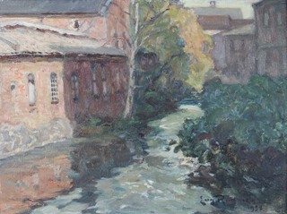 Carl Eugen Rommen, Landscape with a River flowing between Buildings, oil on board, signed and dated 1934 recto, inscribed verso, 23.5cm x 31cm, within a painted wood frame.