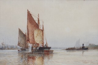 Frederick James Aldridge (1850-1933), "A Grey Morning on the Thames", watercolour, signed recto, titled and dated 1906 to exhibition label verso, 15cm x 22cm, within a gilt composition frame.