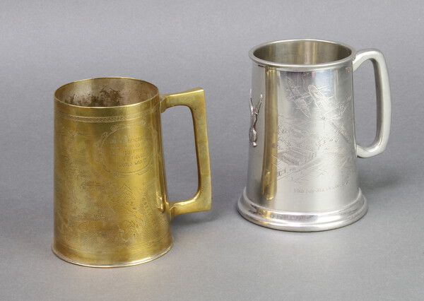 Arts & Crafts Design Antique Embossed Brass Pitcher or Tankard, Cover